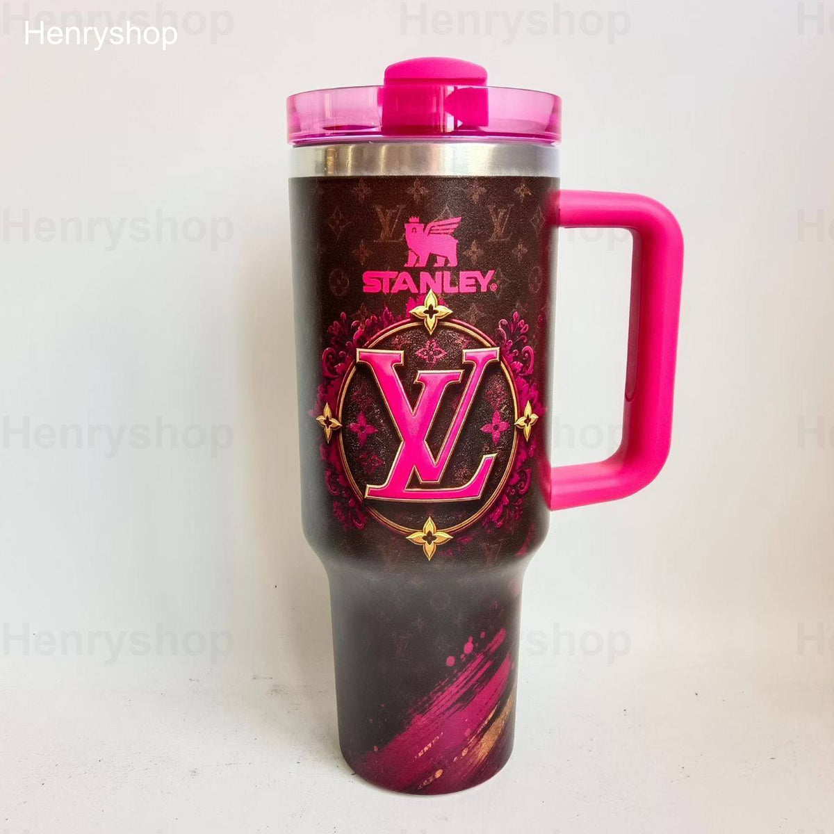 Mix Design 40oz Patterned Insulated Tumbler With Handle and Straw Lid, Stainless Steel Travel Mug, Large Capacity Car Cup