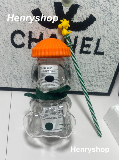 Cute Snoopy Glass Tumbler 20oz, Peanuts Themed Bear Shape Cup with Knit Hat Scarf & Woodstock Straw Topper, Aesthetic Iced Coffee Cup Gift