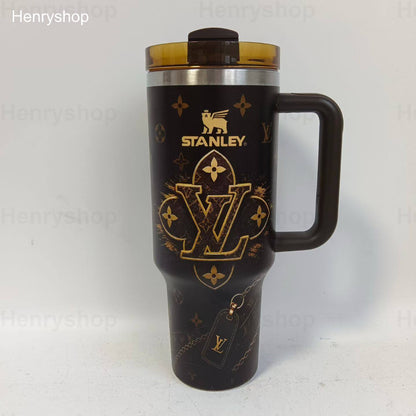 Mix Design 40oz Patterned Insulated Tumbler With Handle and Straw Lid, Stainless Steel Travel Mug, Large Capacity Car Cup