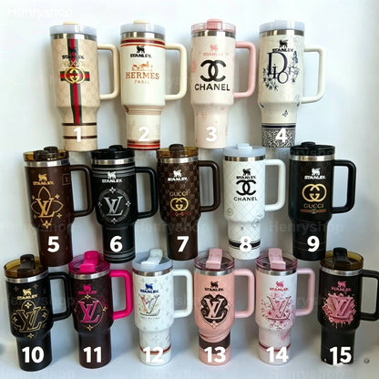 Mix Design 40oz Patterned Insulated Tumbler With Handle and Straw Lid, Stainless Steel Travel Mug, Large Capacity Car Cup