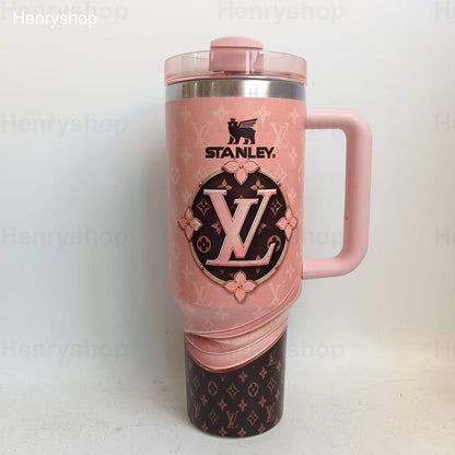 Mix Design 40oz Patterned Insulated Tumbler With Handle and Straw Lid, Stainless Steel Travel Mug, Large Capacity Car Cup
