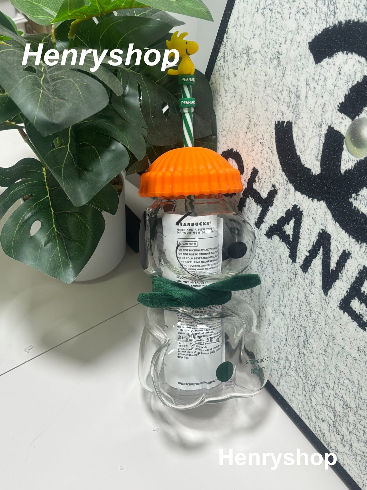 Cute Snoopy Glass Tumbler 20oz, Peanuts Themed Bear Shape Cup with Knit Hat Scarf & Woodstock Straw Topper, Aesthetic Iced Coffee Cup Gift