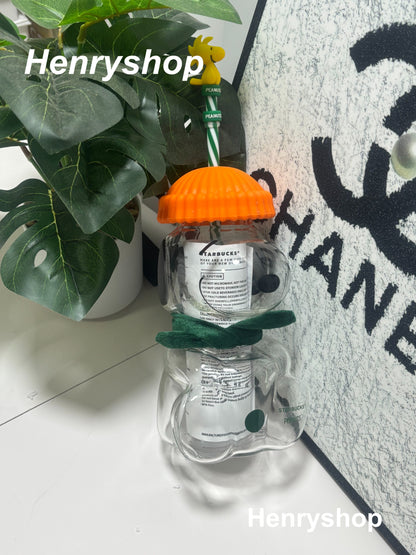 Cute Snoopy Glass Tumbler 20oz, Peanuts Themed Bear Shape Cup with Knit Hat Scarf & Woodstock Straw Topper, Aesthetic Iced Coffee Cup Gift