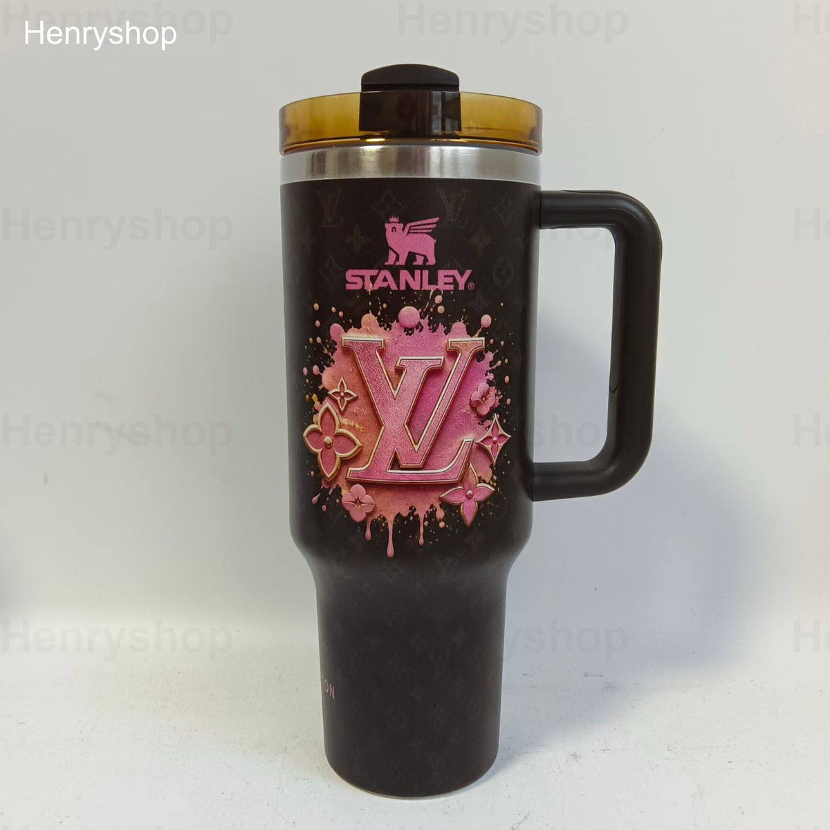 Mix Design 40oz Patterned Insulated Tumbler With Handle and Straw Lid, Stainless Steel Travel Mug, Large Capacity Car Cup