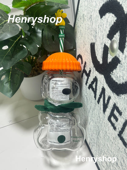 Cute Snoopy Glass Tumbler 20oz, Peanuts Themed Bear Shape Cup with Knit Hat Scarf & Woodstock Straw Topper, Aesthetic Iced Coffee Cup Gift
