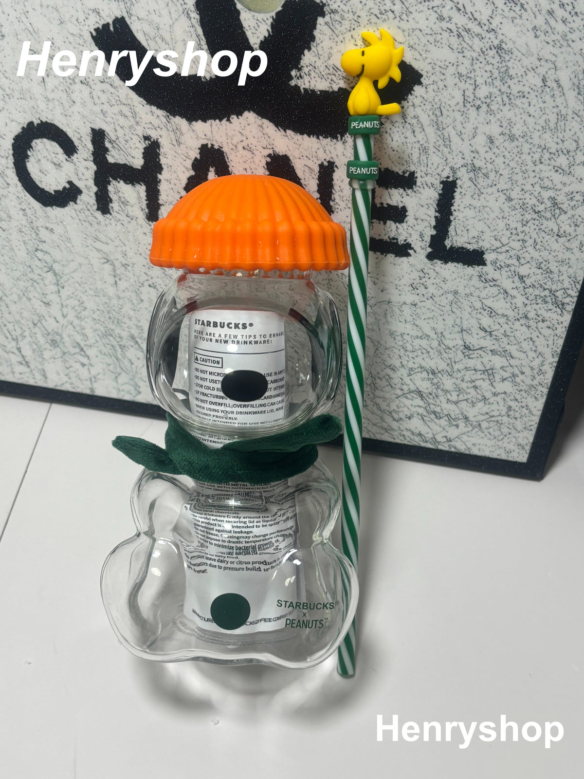 Cute Snoopy Glass Tumbler 20oz, Peanuts Themed Bear Shape Cup with Knit Hat Scarf & Woodstock Straw Topper, Aesthetic Iced Coffee Cup Gift