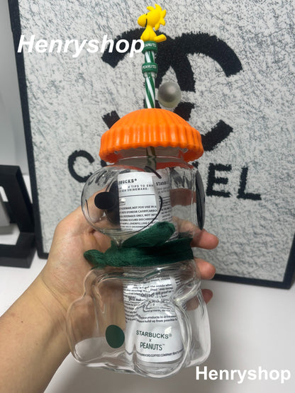 Cute Snoopy Glass Tumbler 20oz, Peanuts Themed Bear Shape Cup with Knit Hat Scarf & Woodstock Straw Topper, Aesthetic Iced Coffee Cup Gift