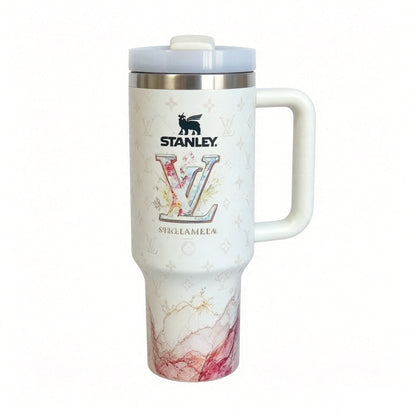 Mix Design 40oz Patterned Insulated Tumbler With Handle and Straw Lid, Stainless Steel Travel Mug, Large Capacity Car Cup