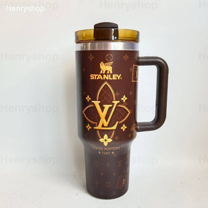 Mix Design 40oz Patterned Insulated Tumbler With Handle and Straw Lid, Stainless Steel Travel Mug, Large Capacity Car Cup
