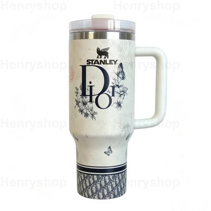 Mix Design 40oz Patterned Insulated Tumbler With Handle and Straw Lid, Stainless Steel Travel Mug, Large Capacity Car Cup